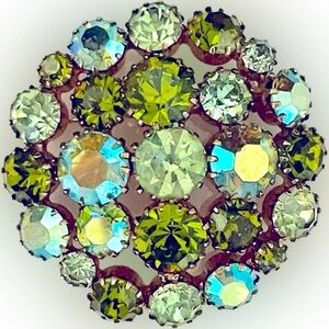 Vintage Aurora Borealis Green Blue Multi-Prong Rhinestone Domed Brooch
